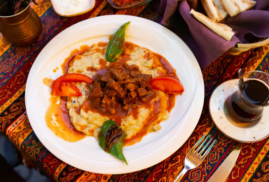 Traditional Turkish Hunkar Begendi, lamb stew served on mashed eggplant