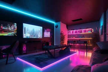 Luxurious gaming room with RGB lights and minimalist-inspired furniture. Generative AI - obrazy, fototapety, plakaty