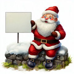 Digital Illustration of Santa Claus sitting on an old stone wall holding a blank white sign 