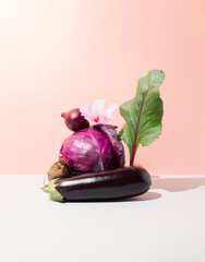 Still life with eggplant, gourd, purple cabbage, beetroot, red onion and flower.