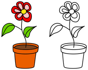 Flower in pot colorful and outline. Flower coloring book page for children. 