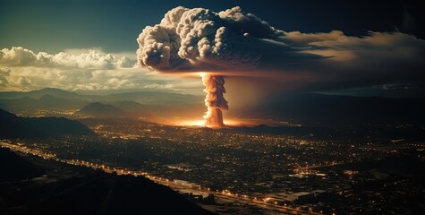 panorama view, gigantic big bomb explosion and mushroom cloud over cityscape, generative Ai