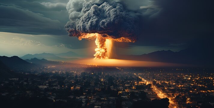 panorama view, gigantic big bomb explosion and mushroom cloud over cityscape, generative Ai