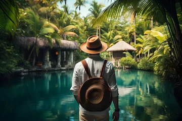 Fotobehang Luxury traveler exploring a hidden tropical paradise highlighting the millionaire's adventurous side. © Finn