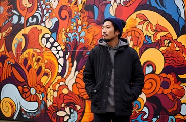 Obraz na płótnie Canvas an Asian man wearing jacket with graffiti wall art behind, male street fashion portrait, Generative Ai 