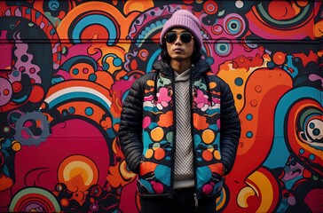 an Asian man wearing jacket with graffiti wall art behind, male street fashion portrait, Generative Ai