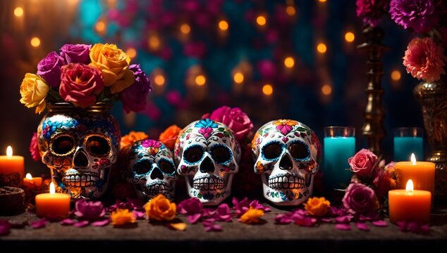 Day of the dead background, La Catrina, mexican skull, flowers, altar and candles festive banner with copy space text 