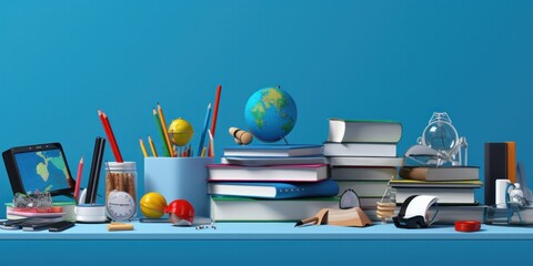 full of books and school supplies on a table with a blue background, generative AI