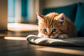 Cute little red kitten sleeps on fur white blanket.