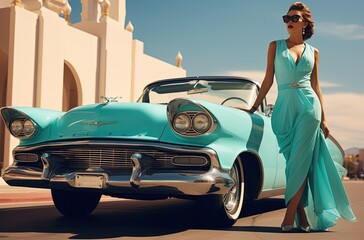 fashion portrait of pretty woman wearing luxury blue dress standing next to fancy car, Generative Ai