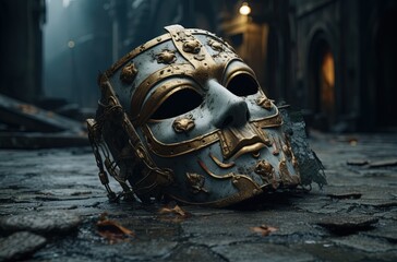 ancient tribal traditional metal mask drop on old street, Generative Ai
