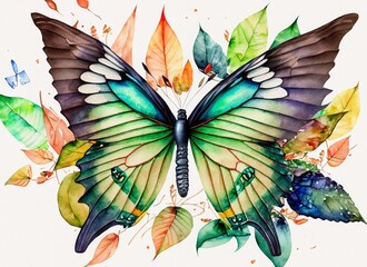 Watercolor illustration of butterflie and leaves