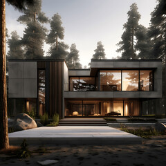 Modern Minimalist house, in the mountains, forest