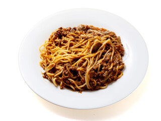 Portion of high quality spaghetti Bolognese on white plate and white background. Premium quality dish made with fine products.