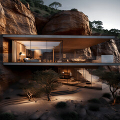 Concrete and glass, architecture, house in the mountain materials stone,