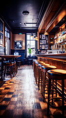 Defocused Interior of a pub with bar chairs and tables. Toned. 