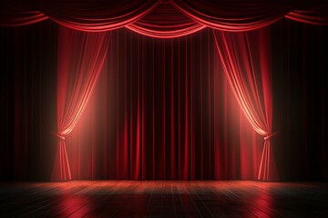 3D rendering of scene with red curtain and spotlight for festival night show. Open curtain adds excitement to event premiere. Generative AI
