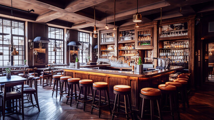 Defocused  Interior of a pub with bar counter, chairs and tables. 
