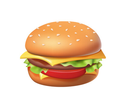 3D burger icon. 3d rendering of delicious cheeseburger. Fast food 3d realistic render vector icon hamburger. Meatloaf