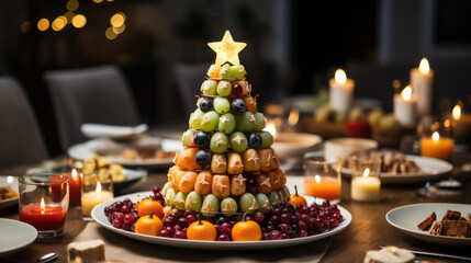 Generative AI, festive New Year's table, snacks laid out in the shape of a Christmas tree, food decoration, carving, buffet, catering, delicious dishes, winter decor, restaurant, star, fruit, dinner