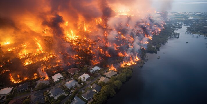 wildfire flame burning over town make severe damage area, Generative Ai