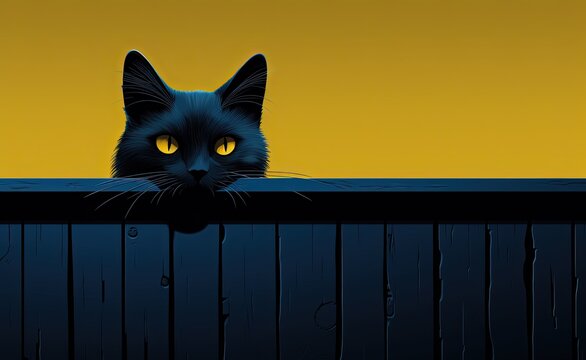 flat design illustration of cute black cat look behind wall, Generative Ai
