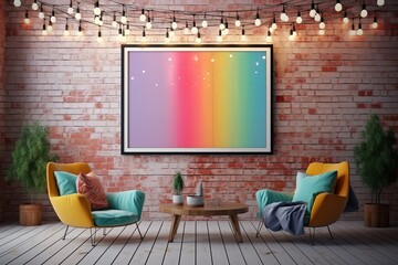 cheerful and happy mood living room idea of home decor design with string lights and colorful rainbow gradient abstract painting art wall hanging picture, mockup idea, Generative Ai - Powered by Adobe