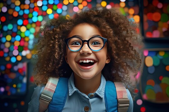 close up portrait or young girl in nerd look smiling, Generative Ai