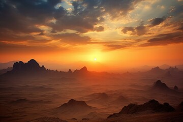 Sunrise over Ahaggar Mountains in Algeria's Sahara Desert. Generative AI - obrazy, fototapety, plakaty