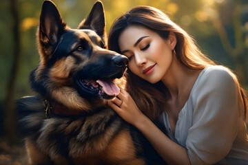 Heartwarming image of an attractive woman sharing a tender embrace hugging a cute german sheperd dog - obrazy, fototapety, plakaty