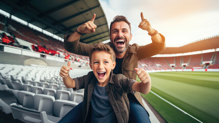 Generative AI, father and son cheer for their favorite team at a sports match, football, competition, stadium, arena, emotion, joy, victory, goal, father's day, parent, child, cry, family, win, game - obrazy, fototapety, plakaty