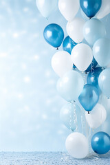 blaue und weiße Ballons mit Platz für Text.. Hochkant. Hochformat. Generative Ai. - obrazy, fototapety, plakaty