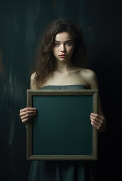 a woman hold blank frame artistic portrait, Generative Ai	
