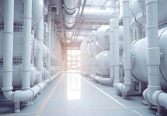 A technical room filled with white pipes. Pipeline inside modern factory. Illustration for banner, poster, cover, brochure, advertising, marketing or presentation.