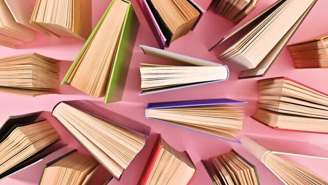 Pastel Vintage Book Arrangement: Stop-Motion on Pink Background
