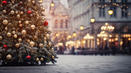 Christmas city street winter blurred background. Xmas tree with snow decorated with garland lights, holiday festive background. Widescreen backdrop. New year Winter - obrazy, fototapety, plakaty