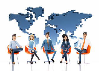 Successful business team sits in line with big world map at the background. Business concept 3D rendering illustration