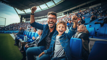 Generative AI, father and son cheer for their favorite team at a sports match, football, competition, stadium, arena, emotion, joy, victory, goal, father's day, parent, child, cry, family, win, game