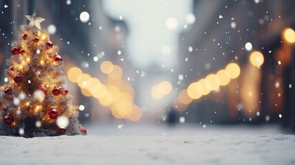 Fototapeta premium Christmas city street winter blurred background. Xmas tree with snow decorated with garland lights, holiday festive background. Widescreen backdrop. New year Winter