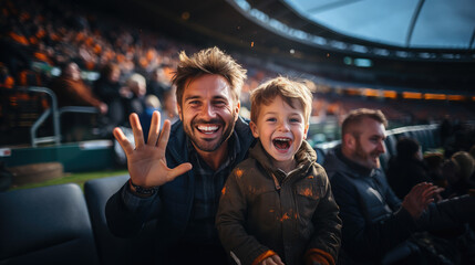 Generative AI, father and son cheer for their favorite team at a sports match, football, competition, stadium, arena, emotion, joy, victory, goal, father's day, parent, child, cry, family, win, game - obrazy, fototapety, plakaty