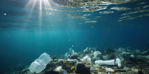 illustration of ocean pollution, waste in underwater, generative AI