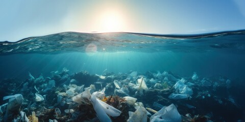 illustration of ocean pollution, waste in underwater, generative AI