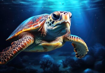 A close-up of a turtle swimming in the ocean with clear blue water. Illustration for cover, card, postcard, interior design, decor or print.
