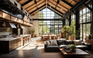 Modernized barn house with high ceilings and industrial accents. Generative AI - obrazy, fototapety, plakaty