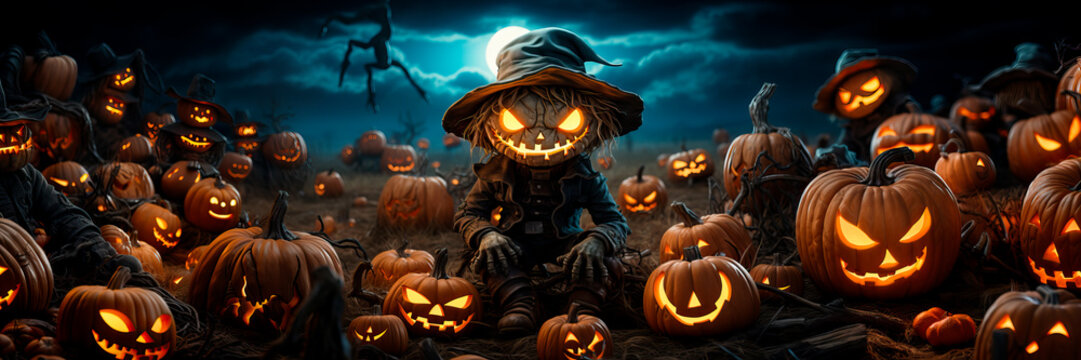 wheat field with a scarecrow surrounded by pumpkins with scary face