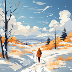 man in snowy winter forest. AI generation..