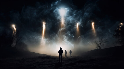 People looking at strange bright lights in the sky - obrazy, fototapety, plakaty