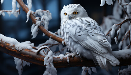 Snowy owl perching on branch, looking at camera in winter generated by AI