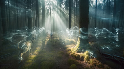Transpucent spirit wolves running through the misty forest. Mystical animals from another dimension glowing with white light.