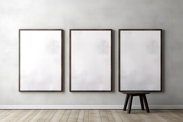 Three picture frames hung on a white wall with a stool and wooden floor mock up